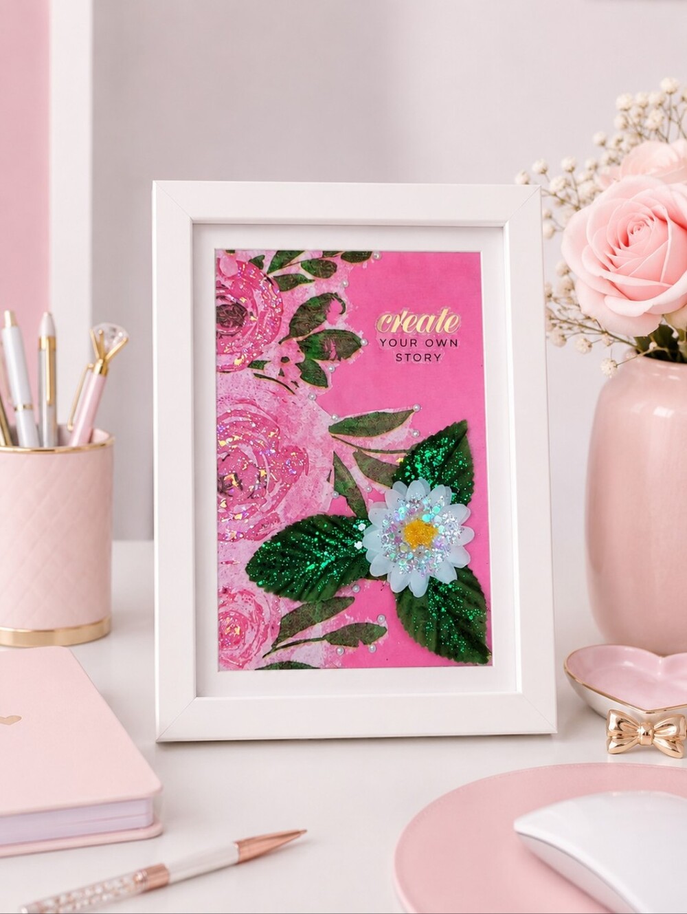 Floral Decoupage 3D Glittery Daisy 6x4 art Handmade "Daisy in Pink" NWOT